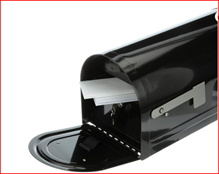 Picture of black metal mailbox with door open and mail protruding